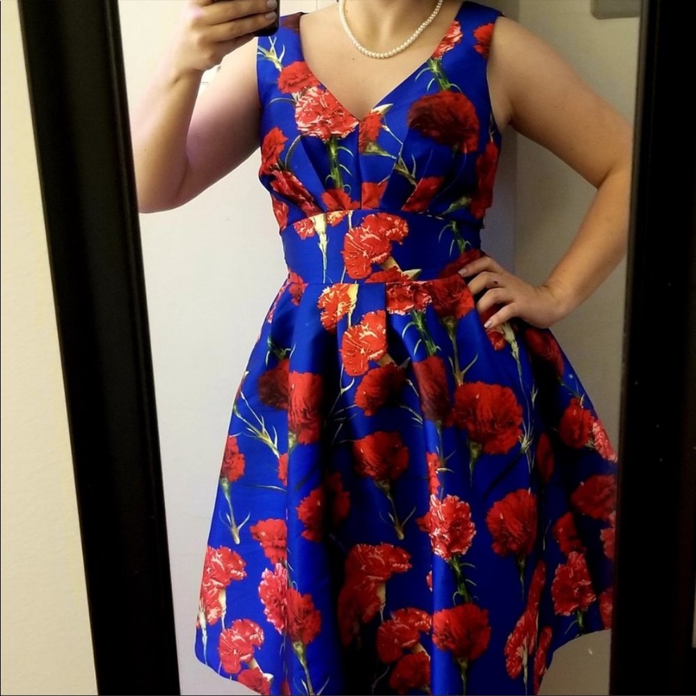 Chi Chi London Blue and Red Floral A-line Formal Dress US 14. UK 18